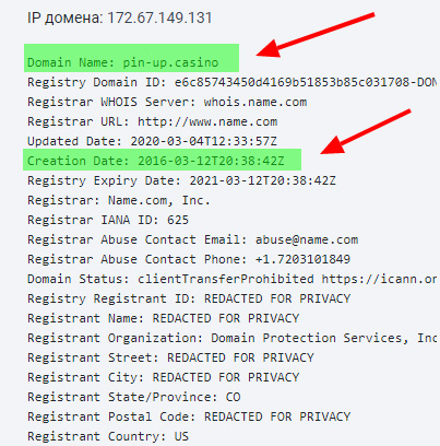 Информация о домене PinUp, зарегистрирован в США в конце 2016 года